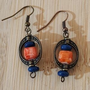 Hand Crafted Vintage Style Bronze and Orange Beaded Pierced Earrings